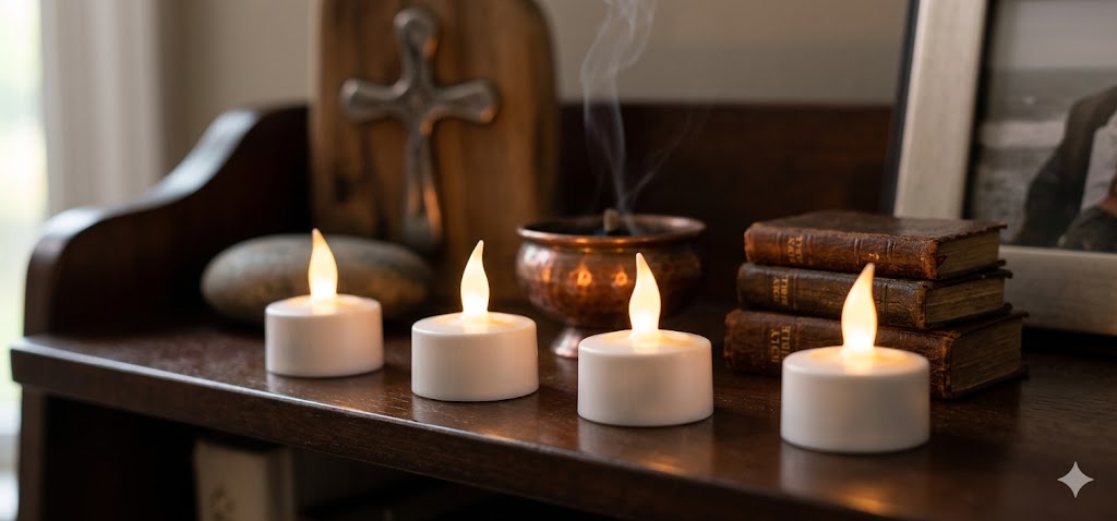 Cozy living room with a flickering battery tealight on a shelf.