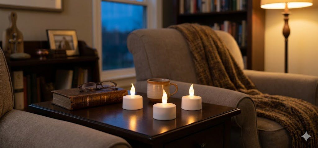 A set of 4 battery tealights for safe home lighting.