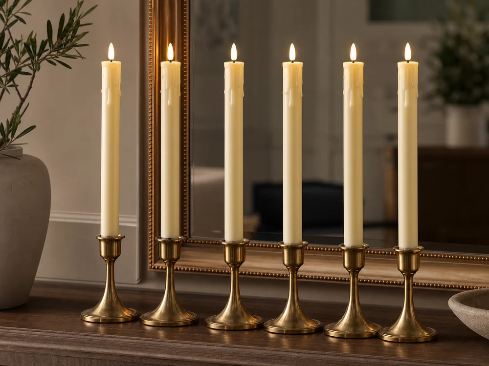 10 inch flameless taper candles with cream plastic bodies and LED flame tips in brass holders