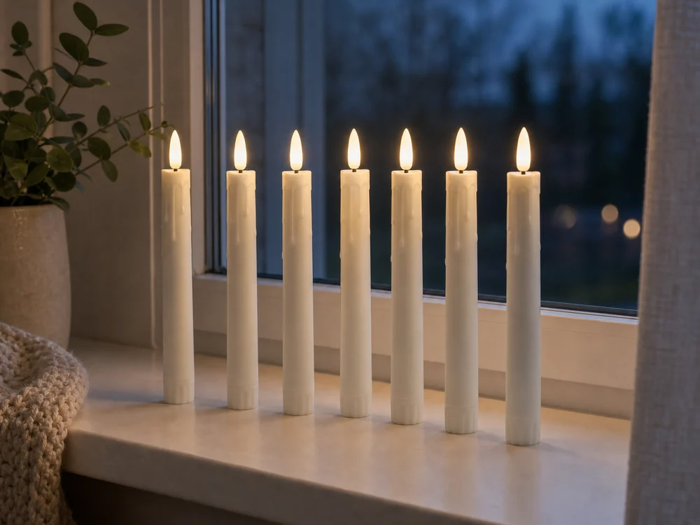 battery operated window candles with warm LED flame tips on a home windowsill