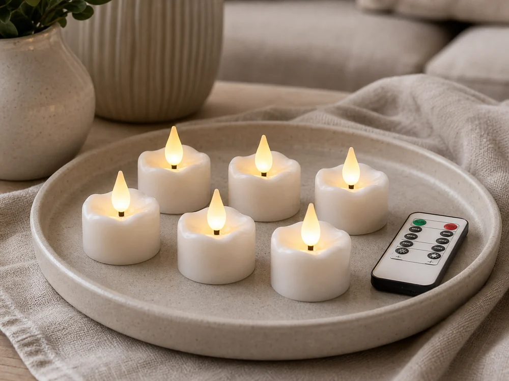 battery tea lights with timer and warm plastic LED flame tips on a tray