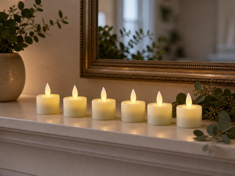 moving wick flameless candles with translucent LED flame pieces on a mantel