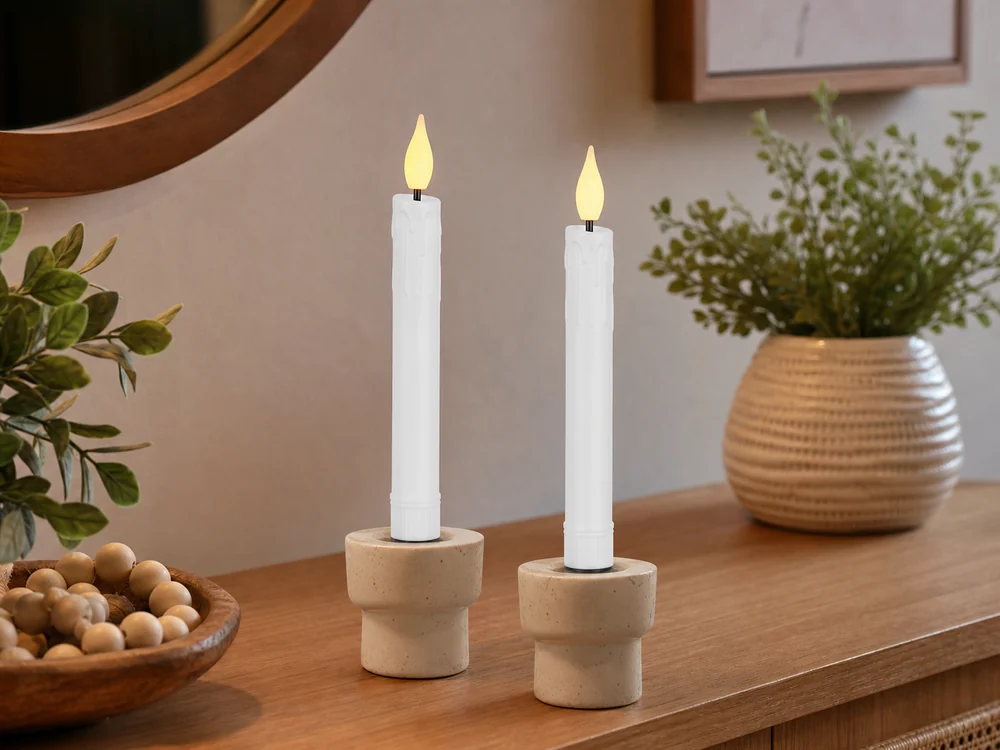 7 inch battery operated taper candles with plastic LED flame tips in ceramic holders
