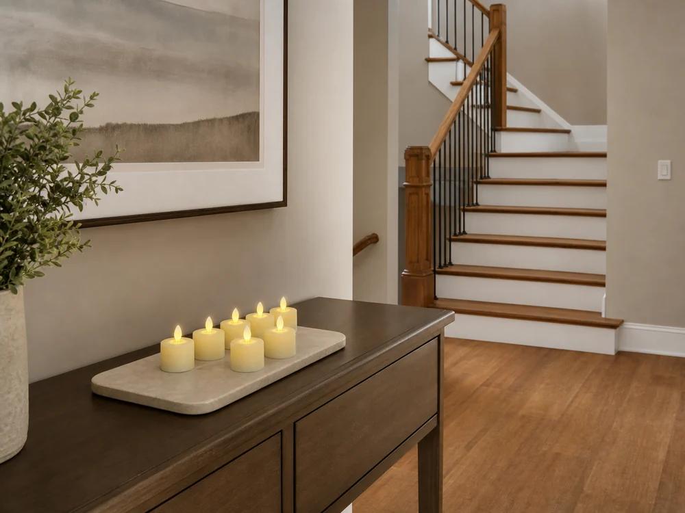 battery operated candles for staircases on a landing console away from steps