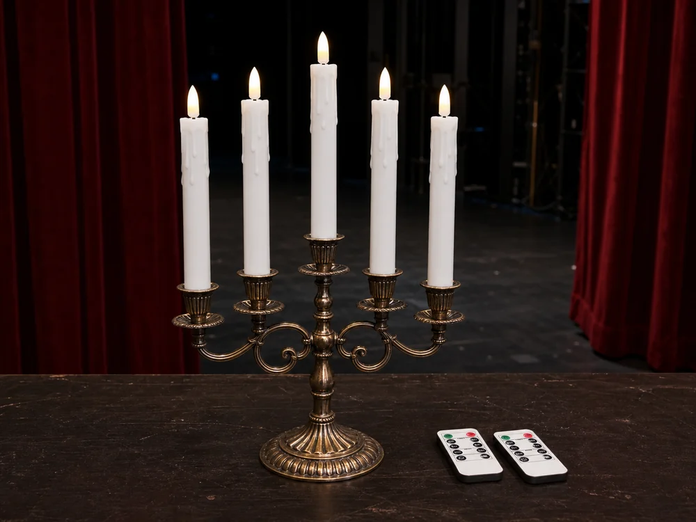 battery operated candles for theater props in a candelabrum beside stage curtains