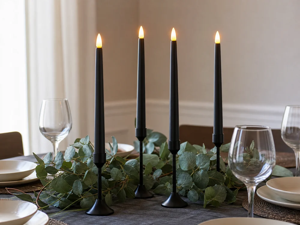 battery operated taper candles for centerpieces with black bodies and plastic LED flame tips