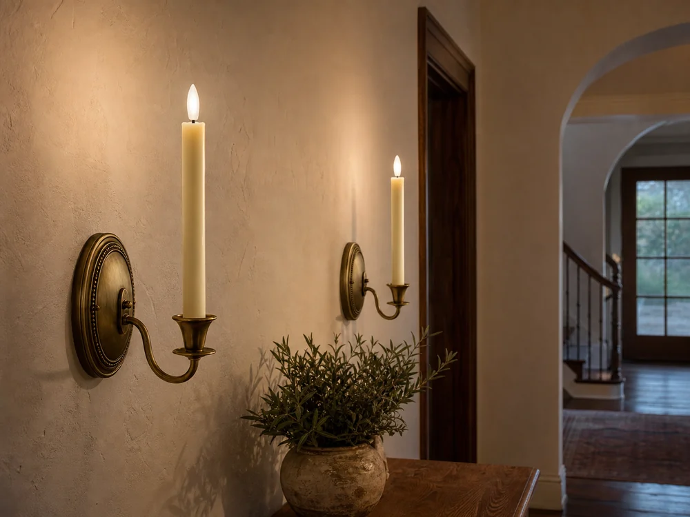 battery operated taper candles for wall sconces in two brass holders