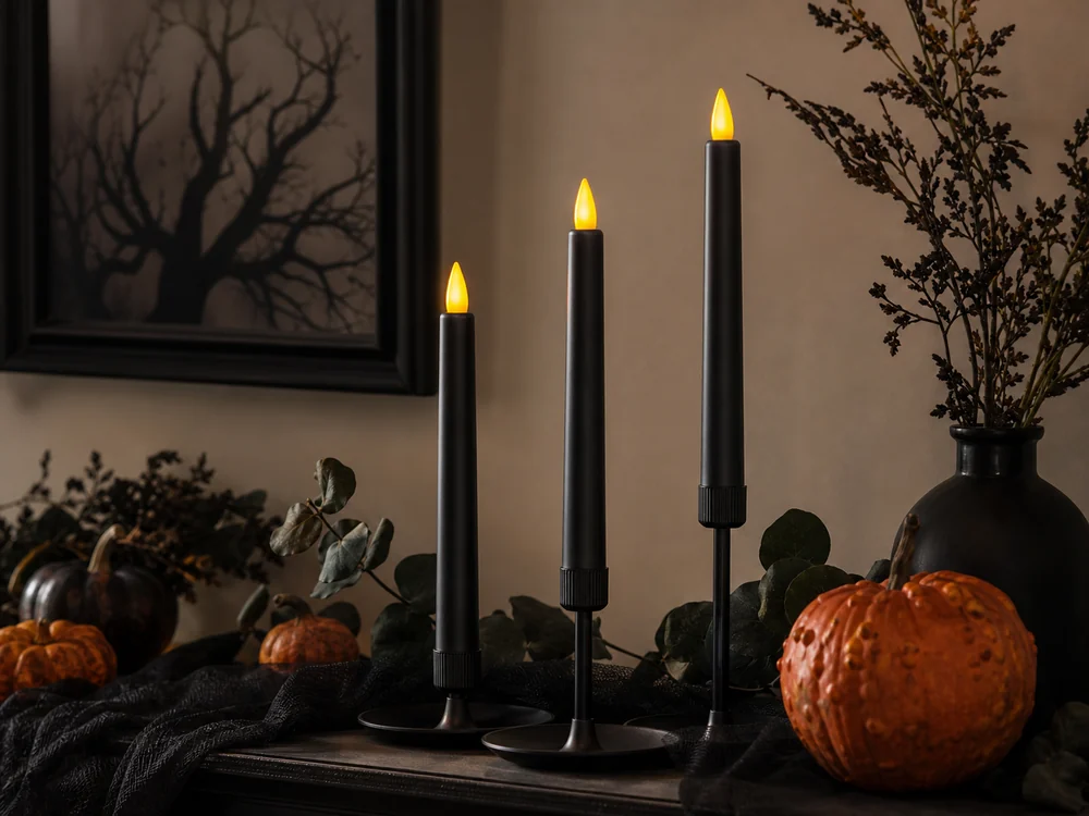 black flameless candles for Halloween decor with LED flame tips and pumpkins