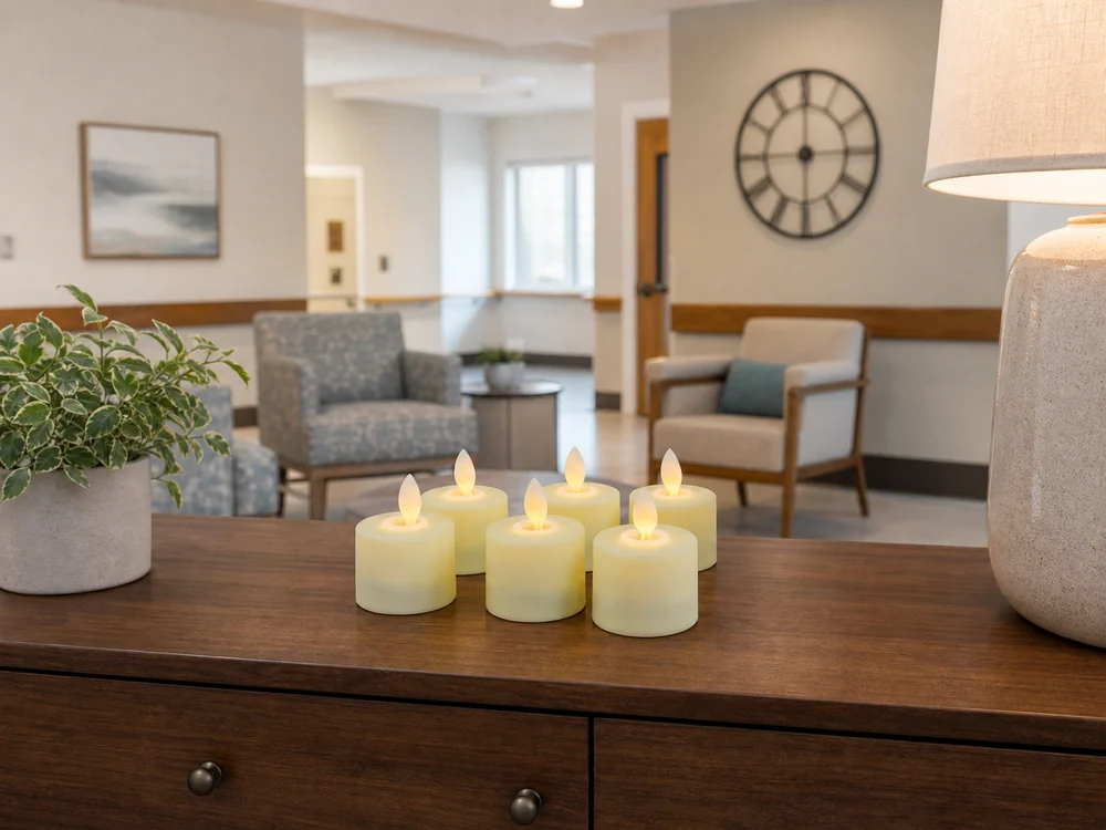 flameless candles for assisted living on a stable common-room console