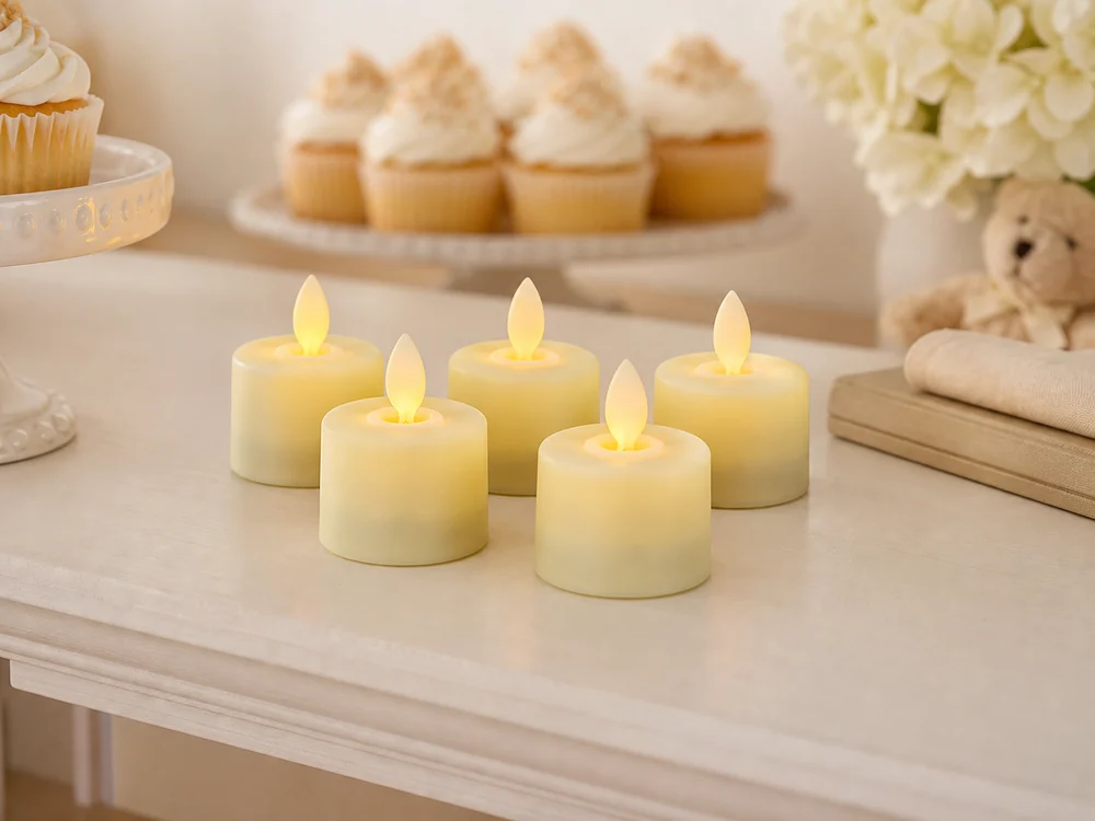 flameless candles for baby showers in a realistic electronic candle scene