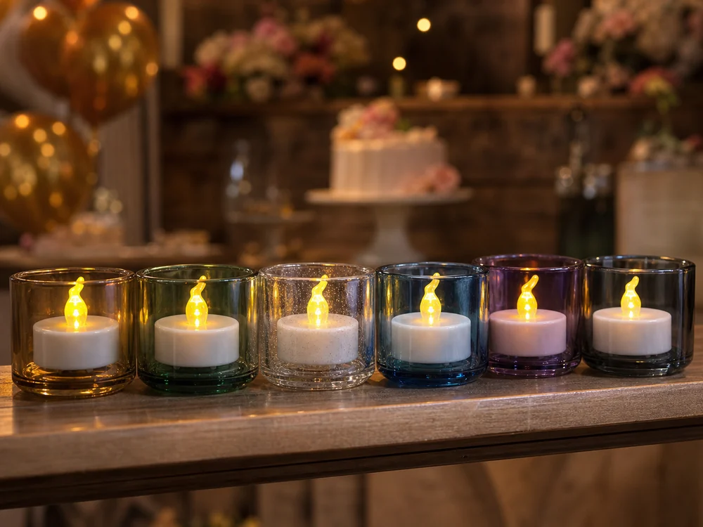 flameless candles for birthday party decor in a realistic electronic candle scene