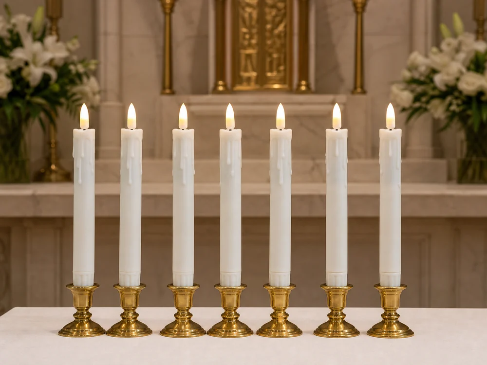 flameless candles for church altars using white electronic LED tapers in brass holders