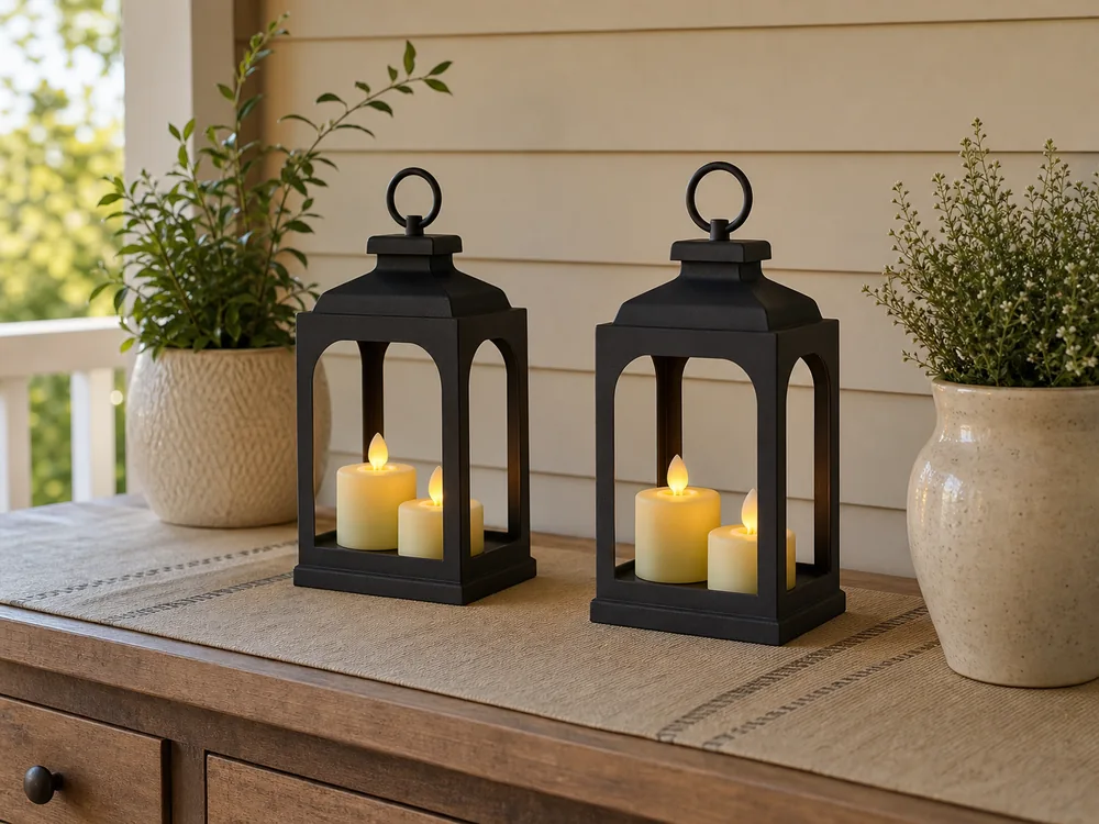 flameless candles for covered porches in a realistic electronic candle scene
