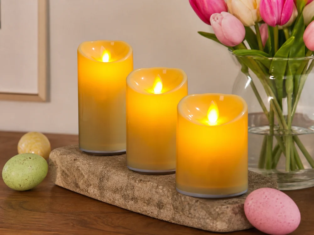 flameless candles for Easter decor in a realistic electronic candle scene
