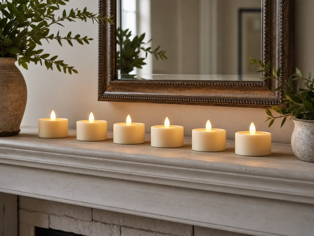 flameless candles for fireplace mantel with short ivory LED pillar candles