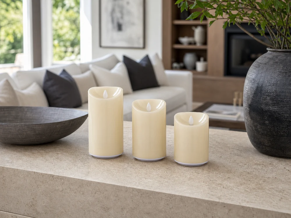 flameless candles for home staging on a neutral stone console