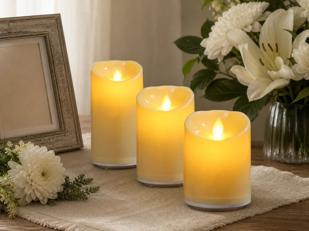 flameless candles for memorial displays beside a blank frame and white flowers