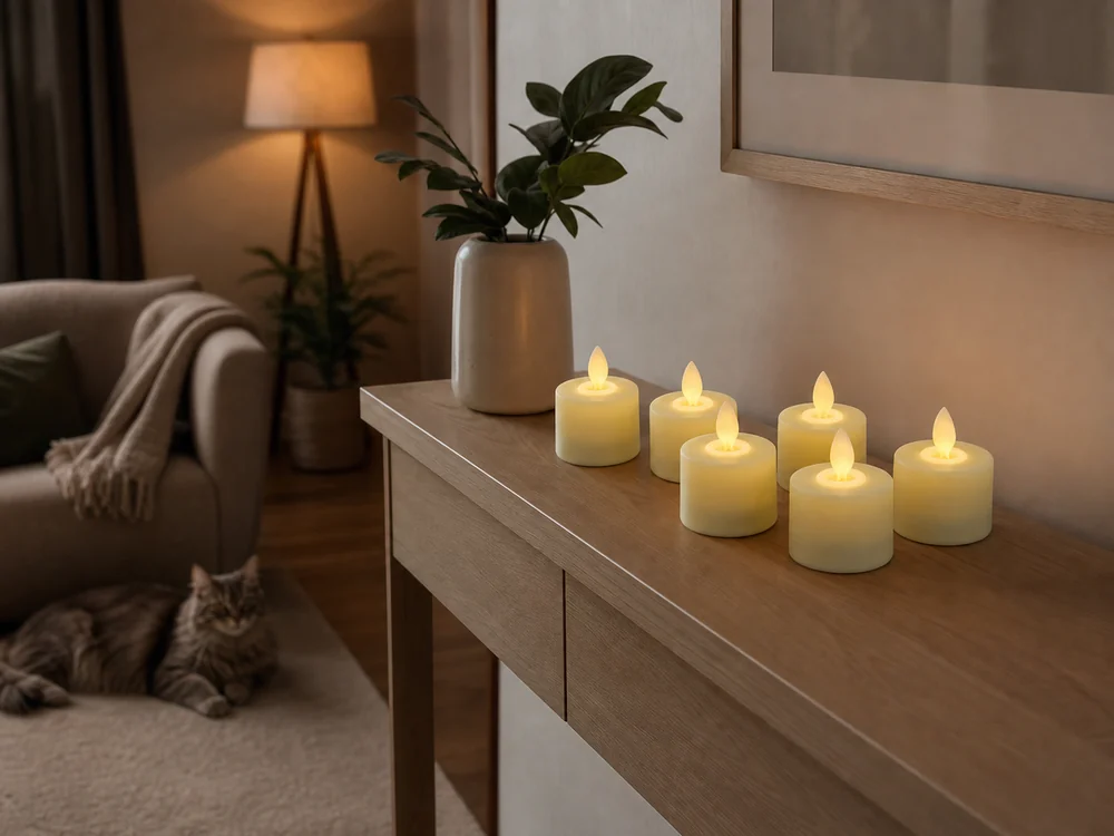 flameless candles for pet friendly homes on a high console above a resting cat