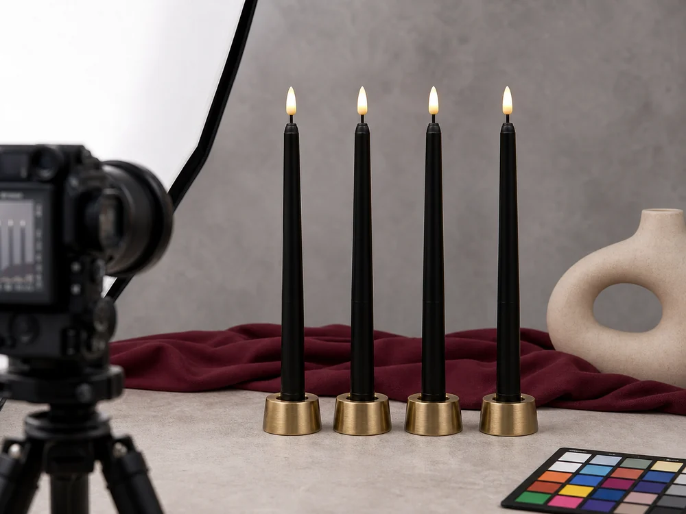 flameless candles for photography props in brass holders on a studio set