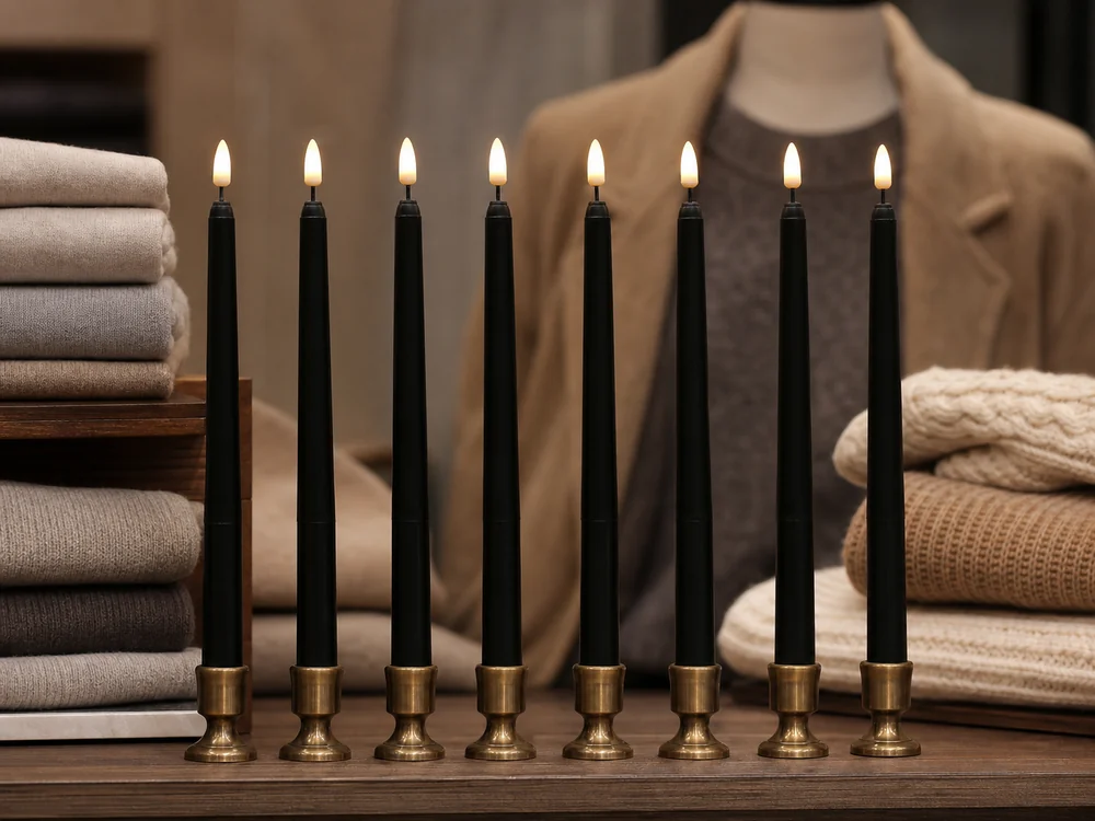 flameless candles for retail displays among neutral clothing and textiles