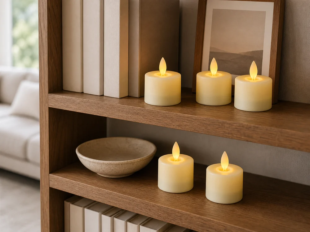 flameless candles for shelves with short ivory LED pillar candles on wood shelving