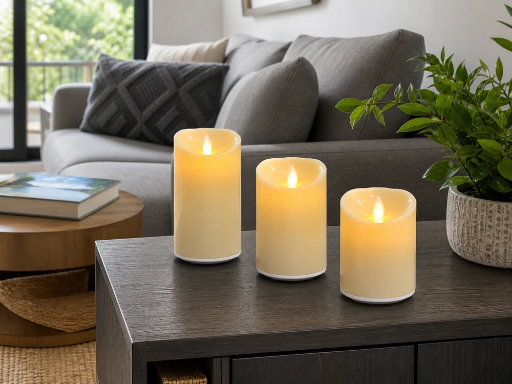 flameless candles for short term rentals on a secured living room console