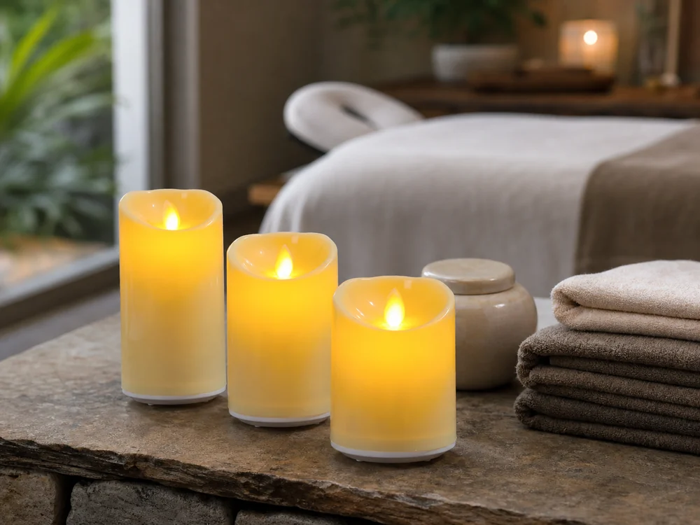 flameless candles for spa treatment rooms on a dry stone shelf
