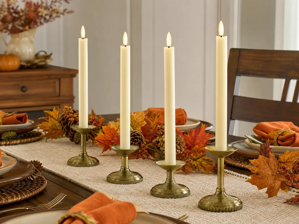 flameless candles for Thanksgiving table decor in a realistic electronic candle scene