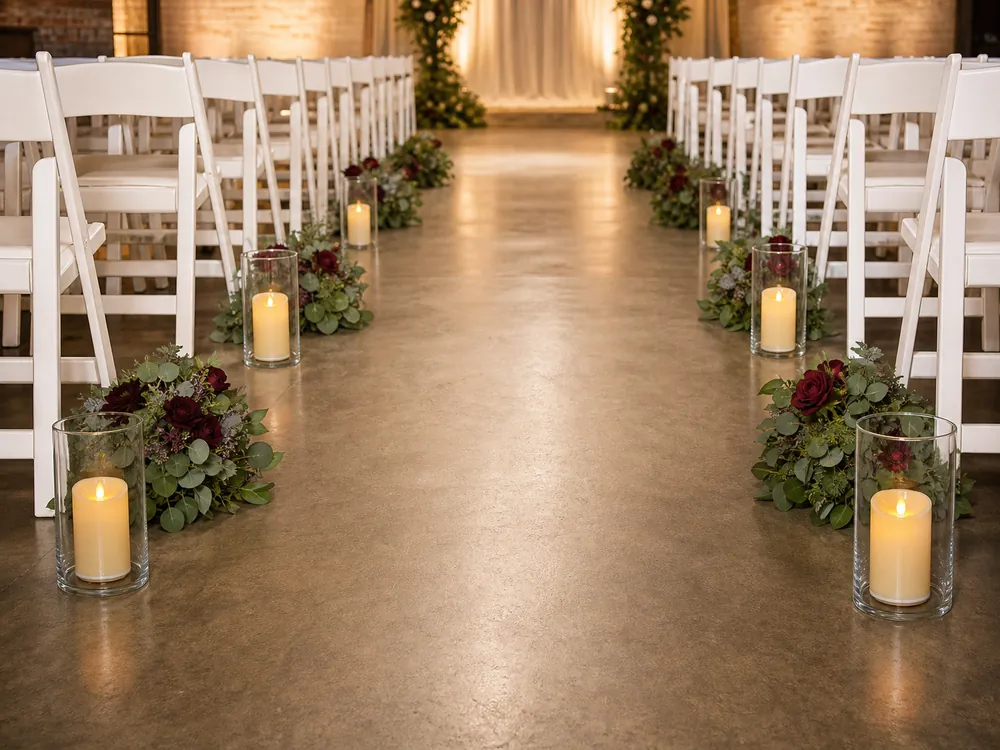 flameless candles for wedding aisle decor in glass hurricanes outside the path