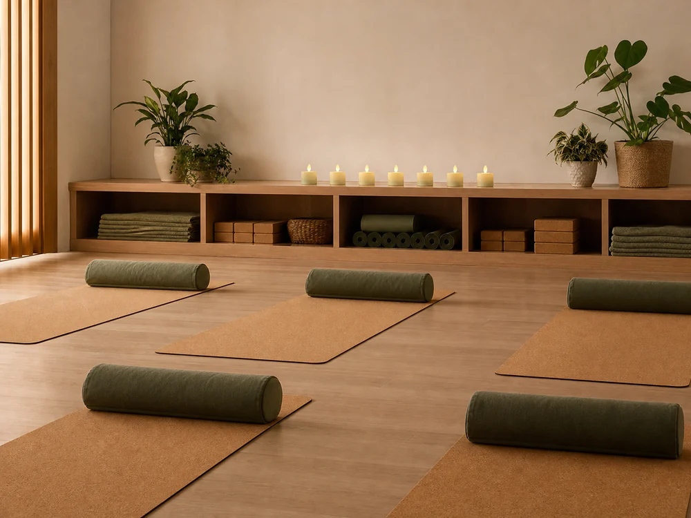 flameless candles for yoga studios on a shelf above empty mats
