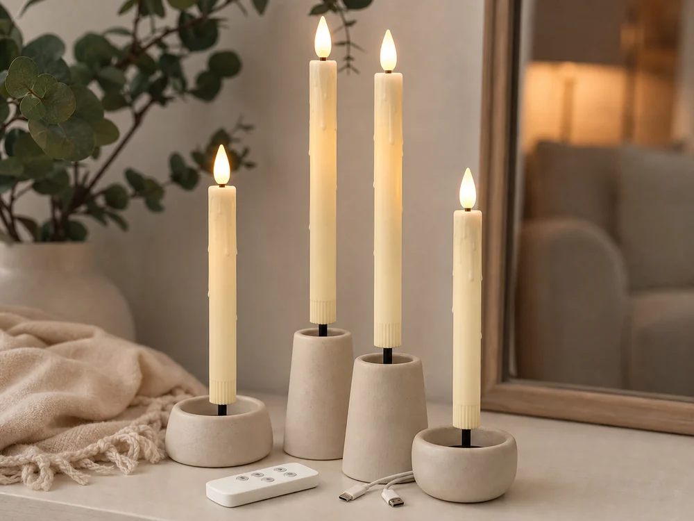 flameless rechargeable candles with remote and charging cable on a neutral tabletop