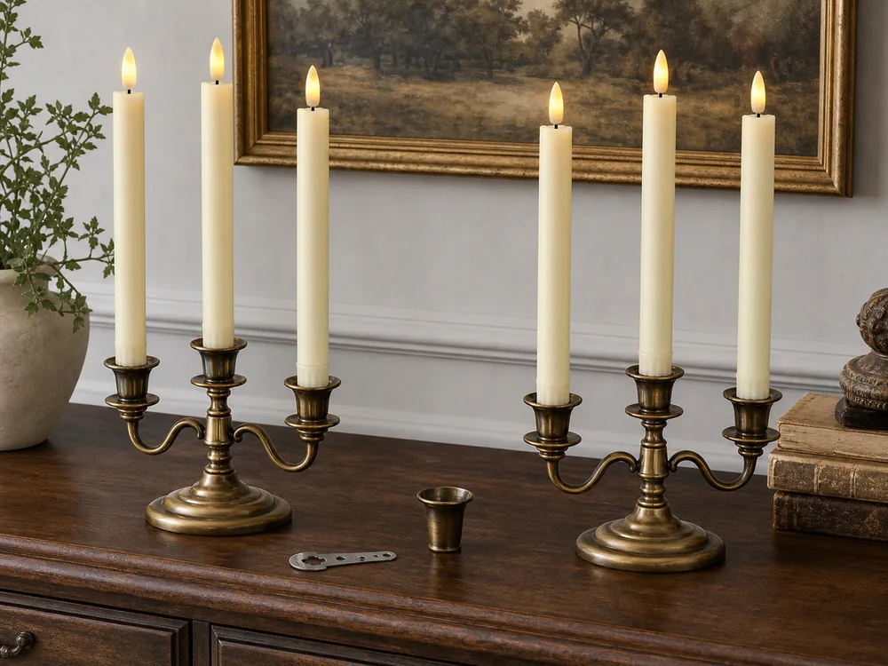 flameless taper candles for candelabras fitted in two brass holders