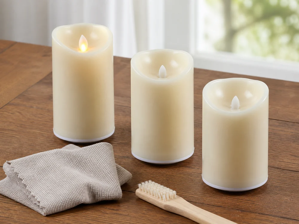 how to clean flameless candles using a dry microfiber cloth and soft brush