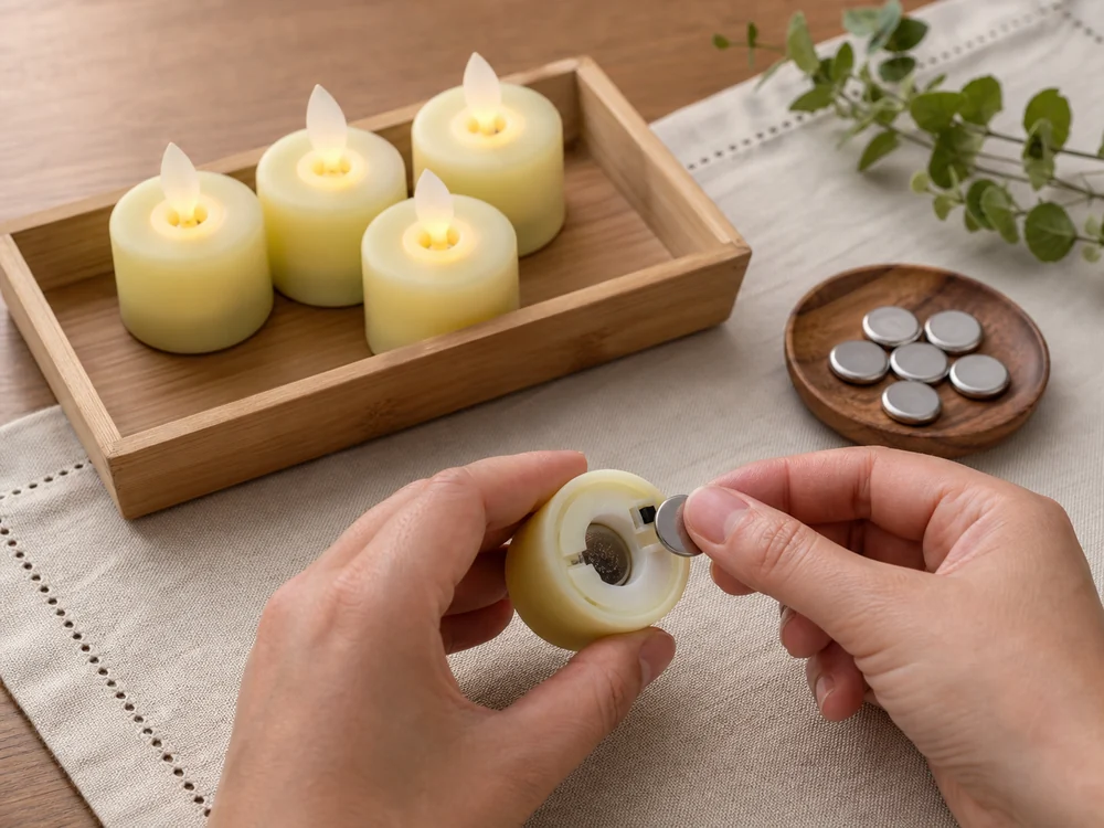 how to replace batteries in flameless candles in a realistic electronic candle scene