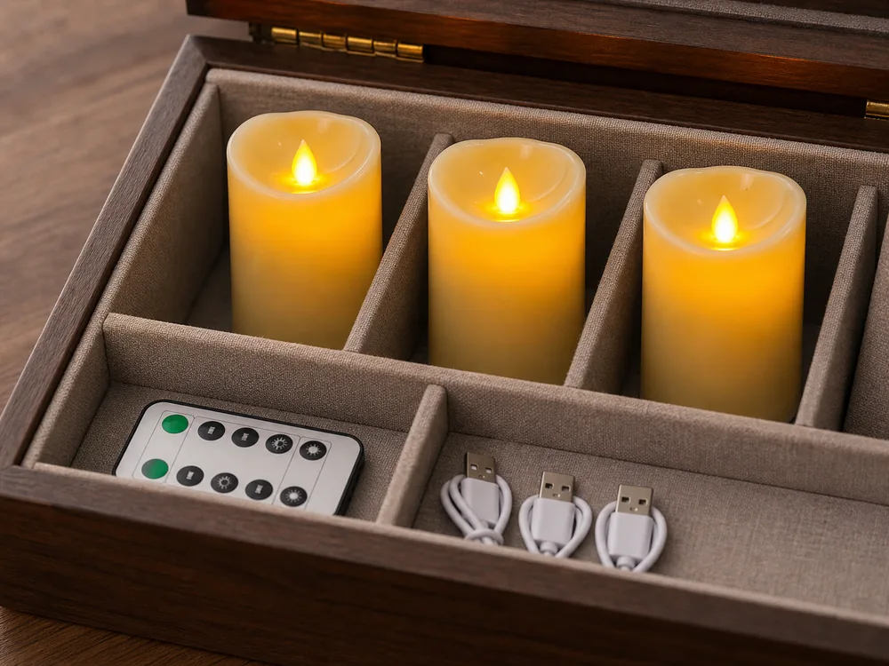 how to store flameless candles in a realistic electronic candle scene