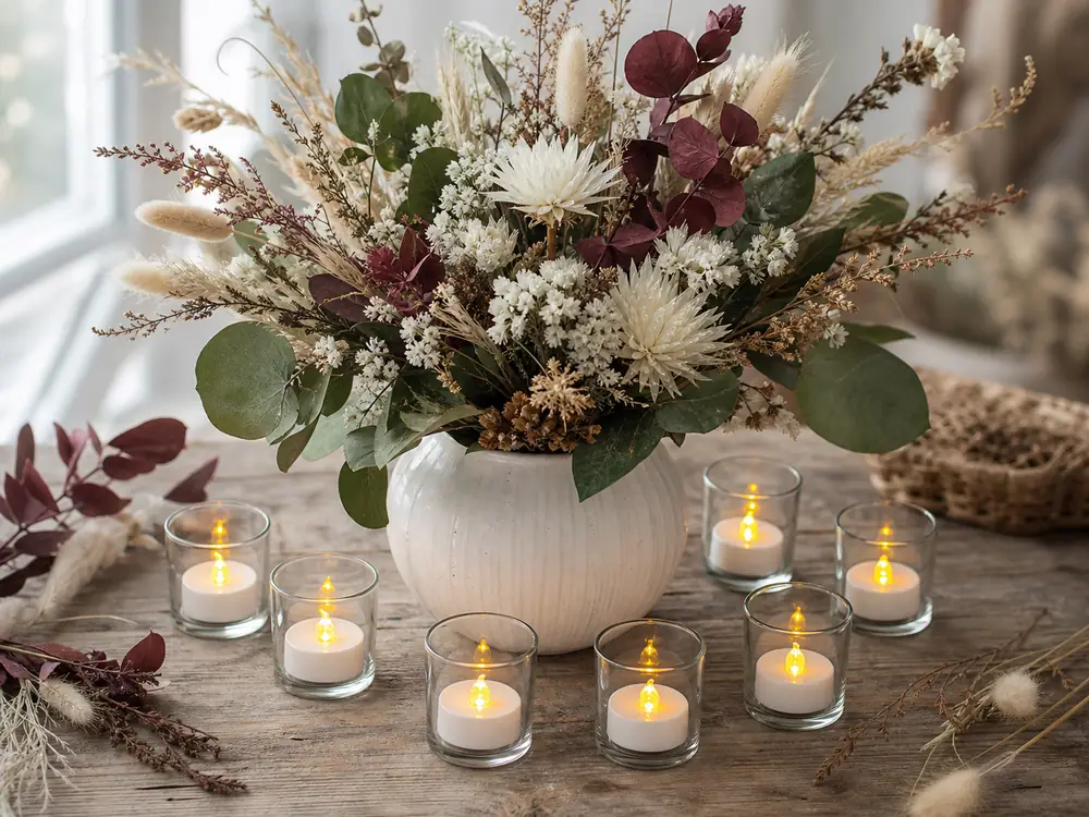 LED tea lights for floral arrangements in clear votives around dry flowers