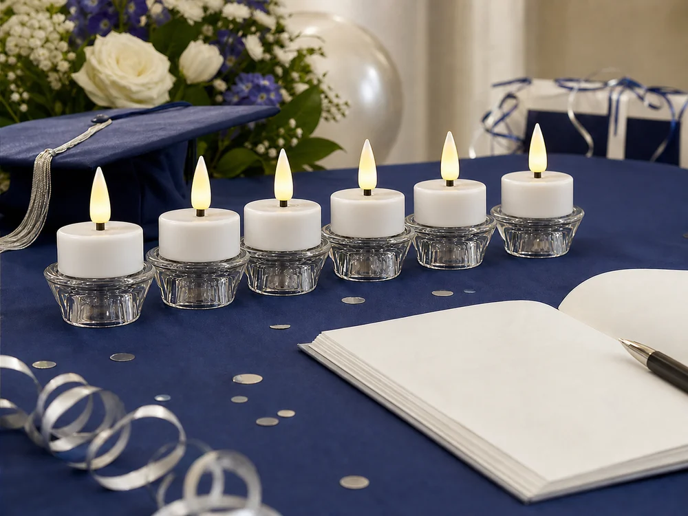 LED tea lights for graduation party decor in a realistic electronic candle scene