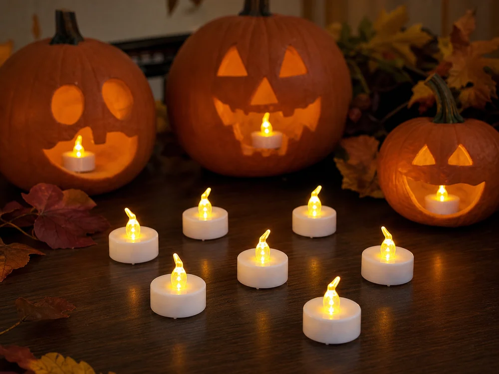 LED tea lights for pumpkin decorations placed inside carved pumpkins on an indoor table