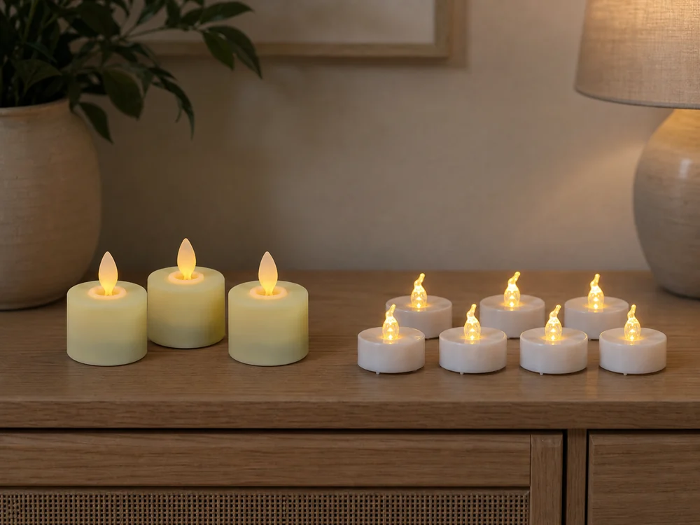 moving flame vs flickering flameless candles shown as LED pillars beside battery tea lights