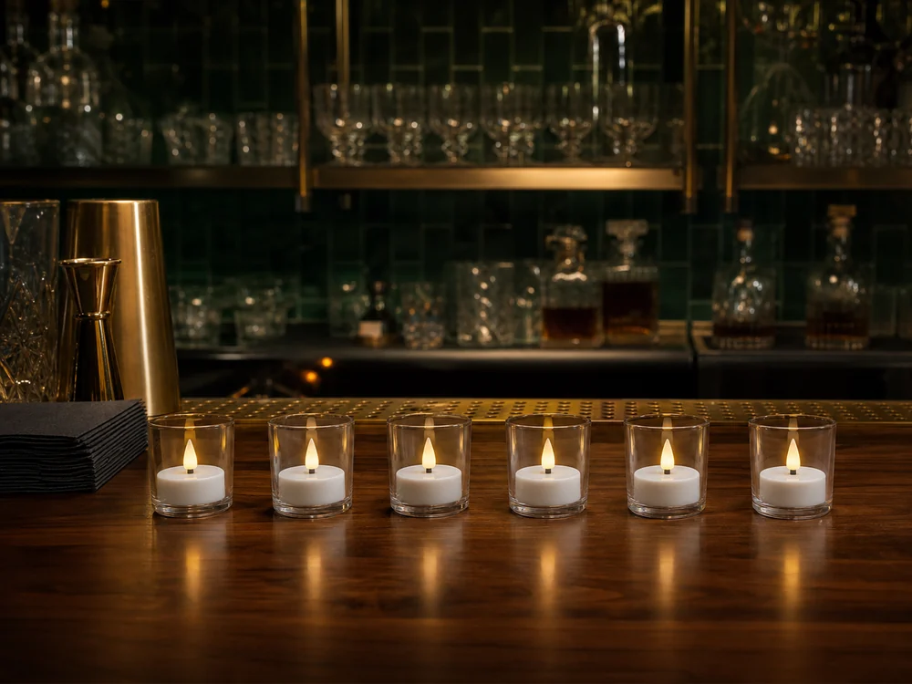 rechargeable tea lights for bars in clear votives on a walnut counter