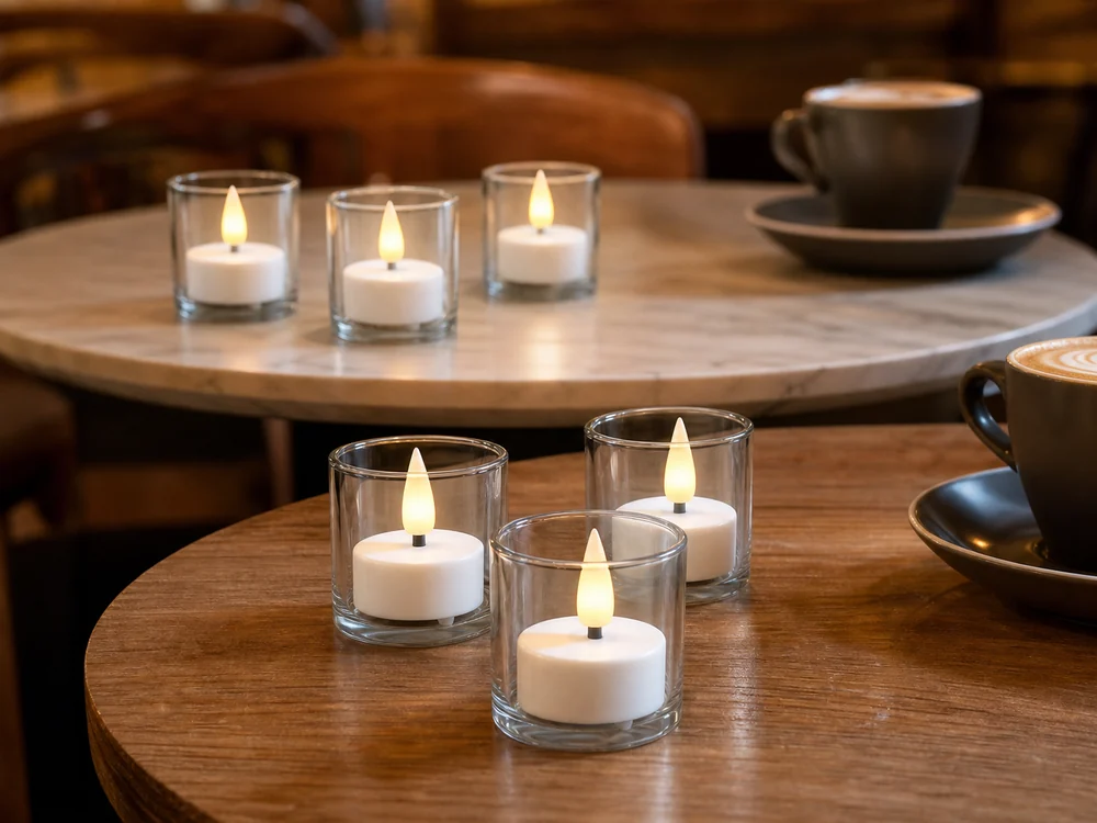 rechargeable tea lights for cafes in a realistic electronic candle scene