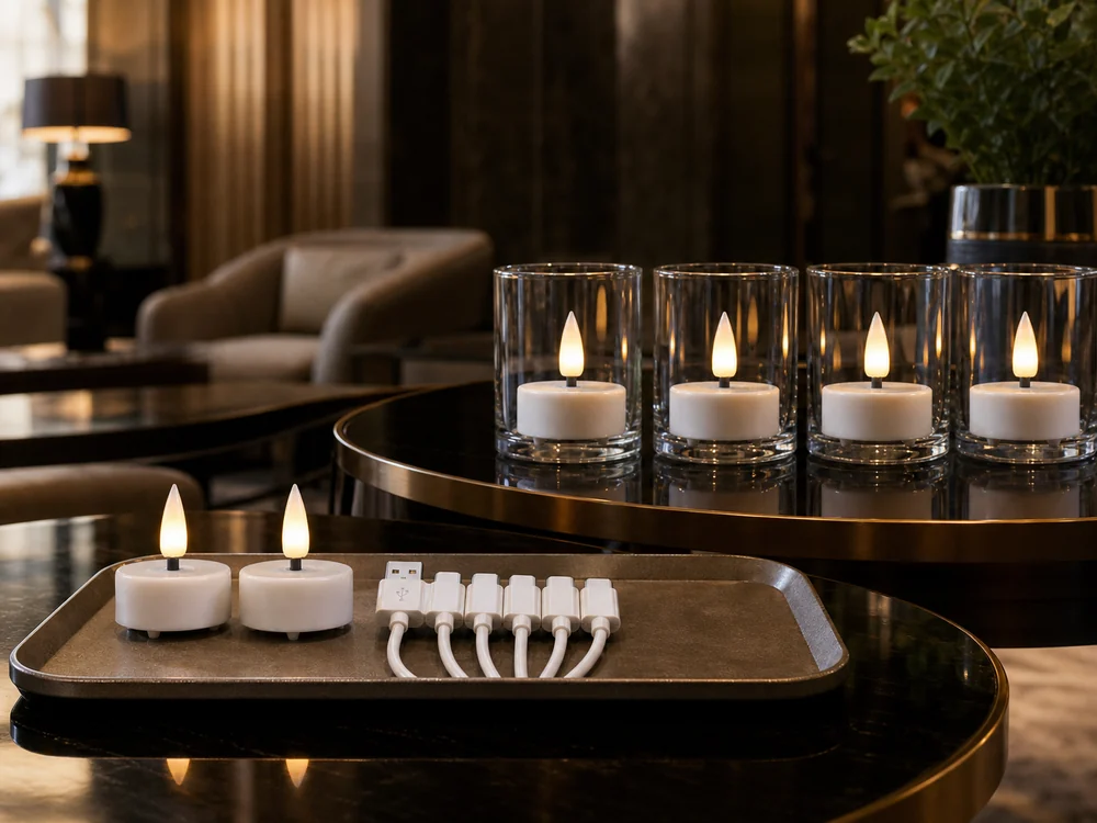 rechargeable tea lights for hotels in glass holders beside a charging tray
