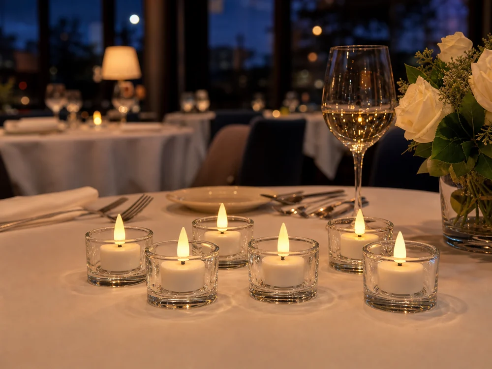 rechargeable tea lights for restaurants in clear glass votive holders on a dining table