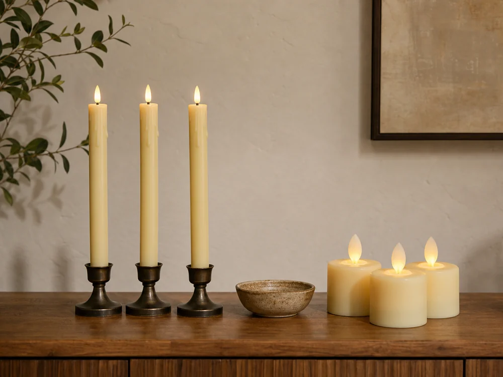 rechargeable vs battery operated candles with tall LED tapers beside short moving-flame pillars