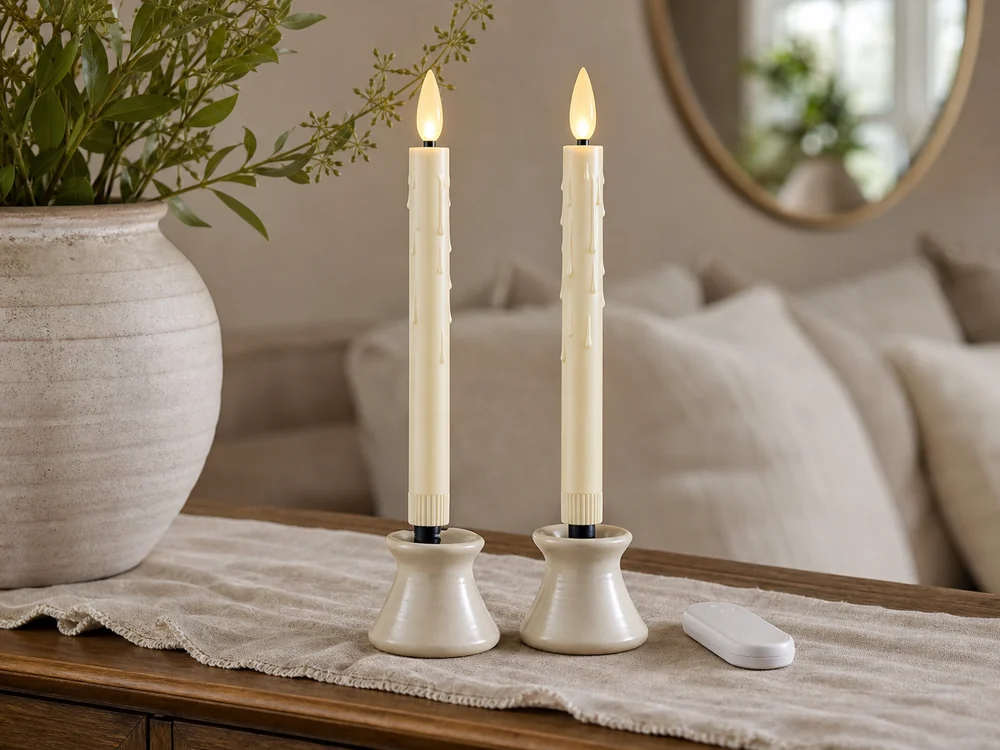 remote control flameless candles with plastic LED flame tips on a console table